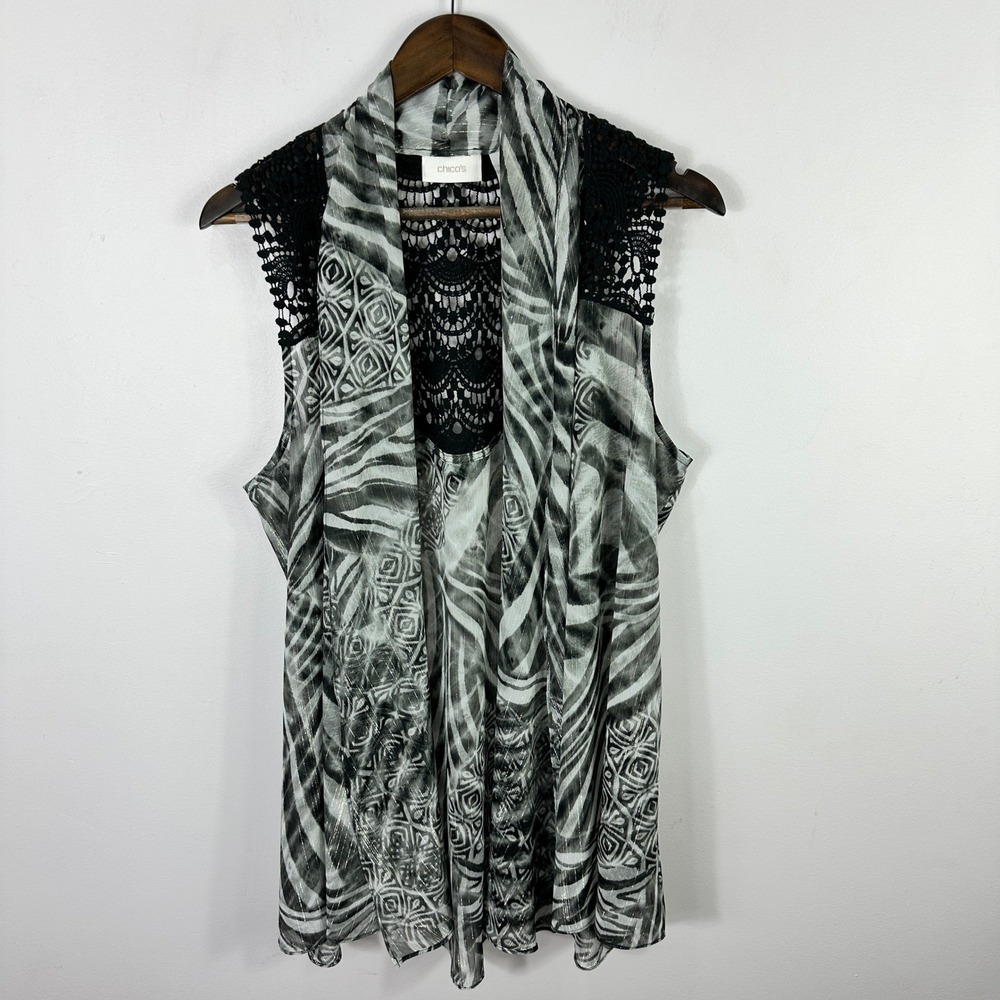 Chicos Vest 3 Sheer Black White Boho Art To Wear Crochet Back Whimsical Boho